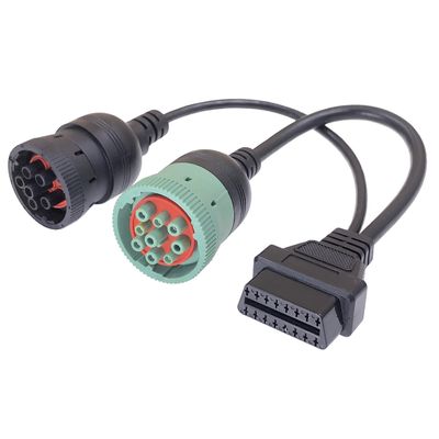 Type 2 Green J1939 9pin Heavy-duty Truck OBD Adapter Diagnostic Tool J1708 6-pin Connector to OBD 2 16-pin Y Cable 800g 1500