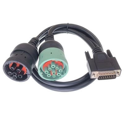 Customized Heavy Truck Type 2 Green J1939 9pin Male to 6PIN J1708 Male and DB15 Male Splitter Cable in Black